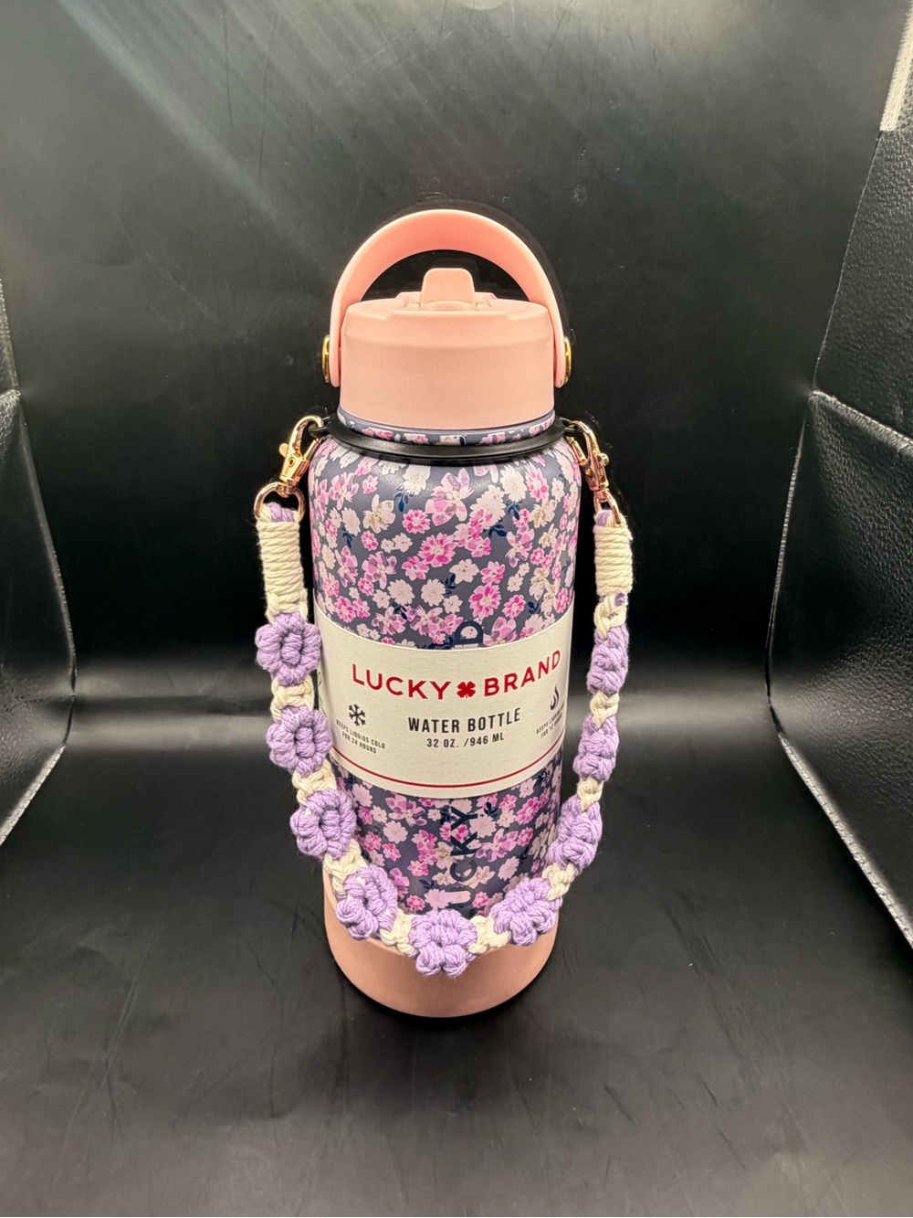 Lucky Brand Pink & Lavender Floral Water Bottle with Crochet Strap